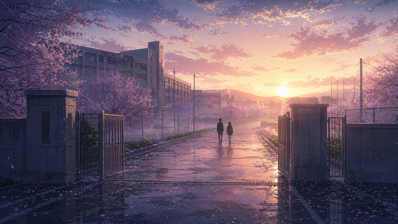 Nevergrad ending CG with two students at the dawn school gate