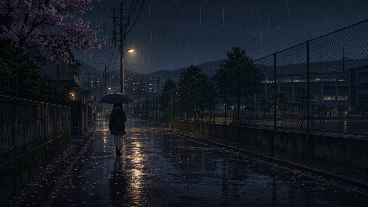 Nevergrad CG scene of a student walking in the rain near school